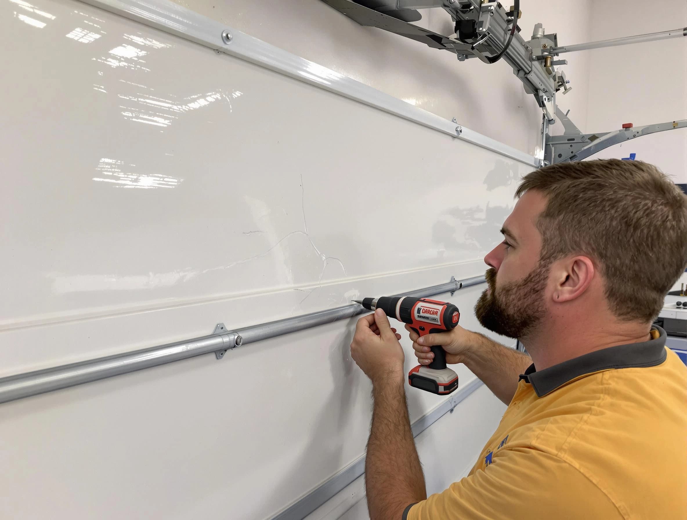 Victor Garage Door Repair expert performing dent repair on garage door in Victor