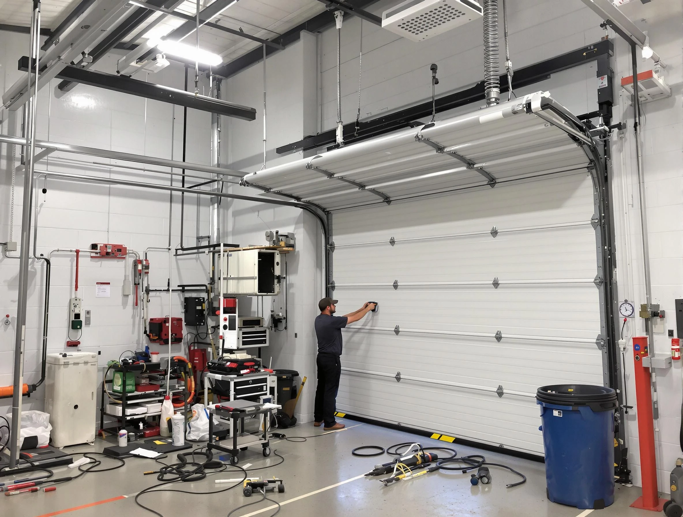 Victor Garage Door Repair certified technician performing commercial door repair at a Victor business facility