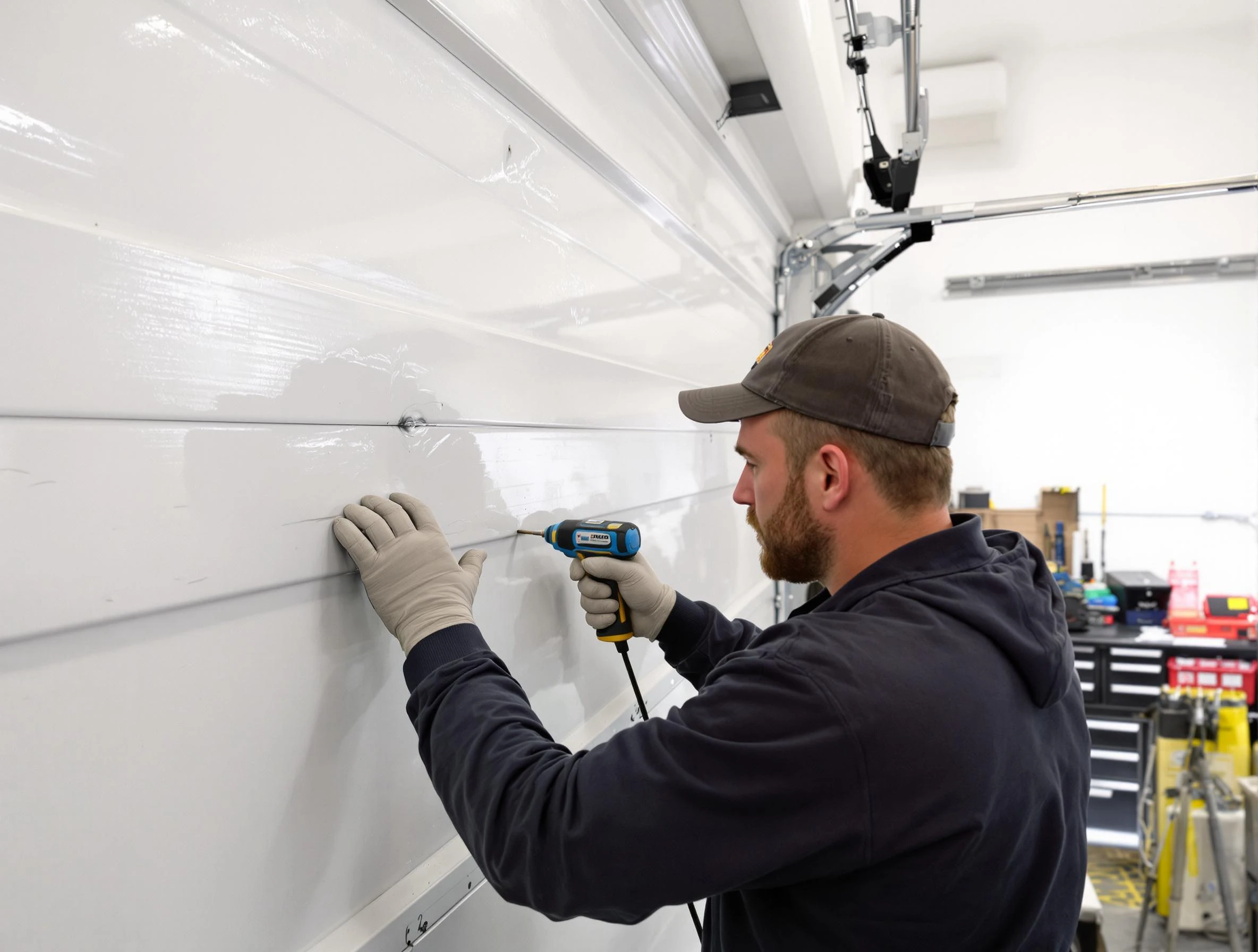 Victor Garage Door Repair technician demonstrating precision dent removal techniques on a Victor garage door